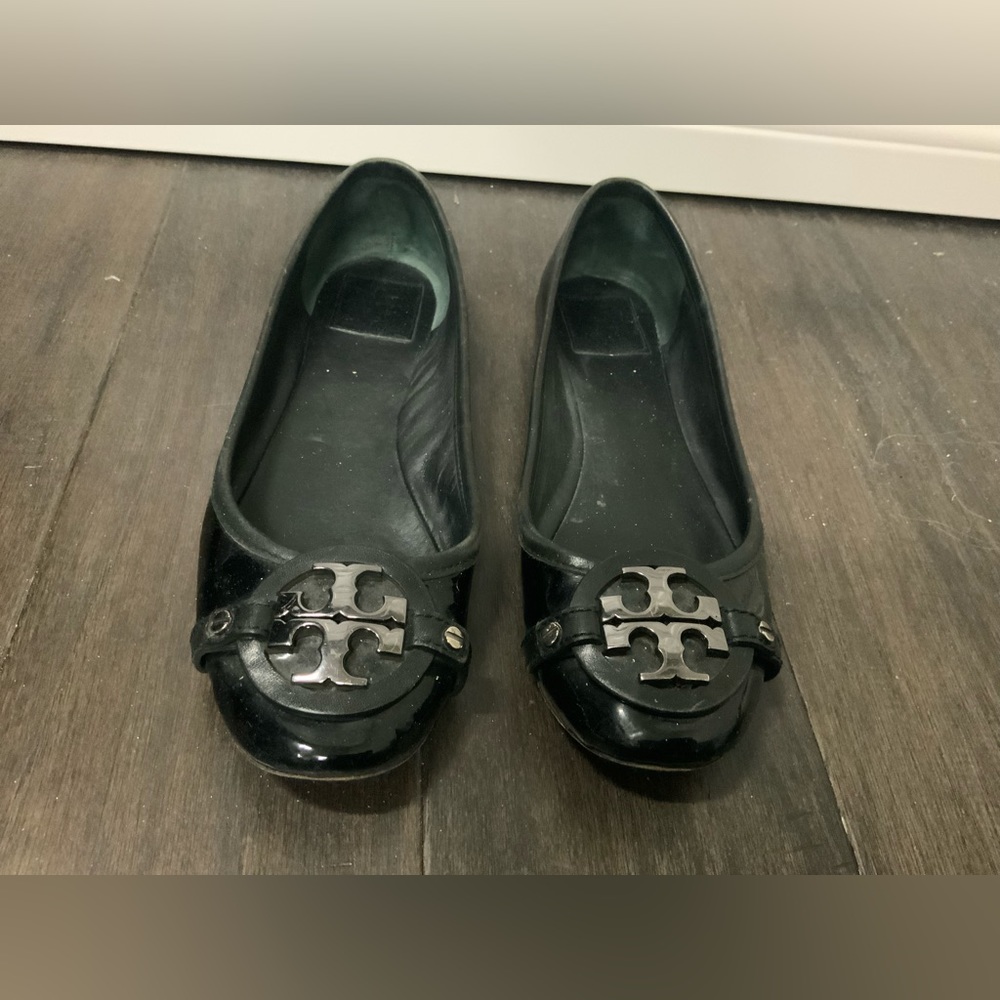 Tory Burch Aaden Black Patent Leather Flats Silver Hardware
